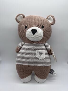 Living Textiles Brody Bear 15" Knit Plush Rattle Cotton Baby Nursery Neutral